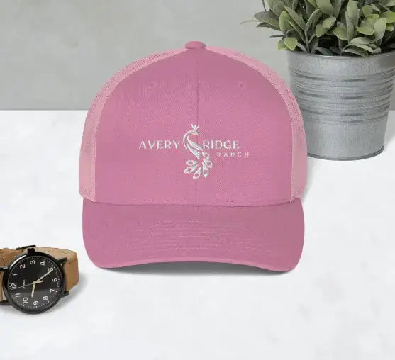Avery ridge ranch pink trucker cap with white peacock embroidery - EMBROIDERY