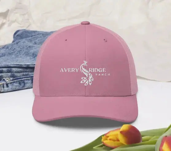 Avery ridge ranch pink trucker cap with white peacock embroidery - EMBROIDERY