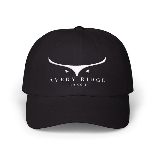 Black cap with 'Avery Ridge Ranch' logo on a white background