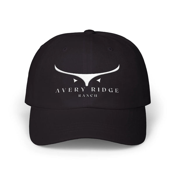 Black cap with 'Avery Ridge Ranch' logo on a white background