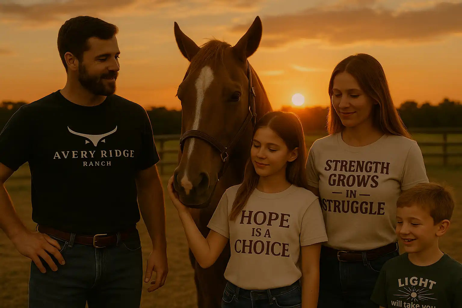 Family with a horse at sunset