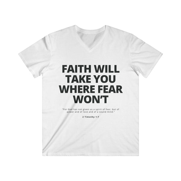 Mens Christian V-Neck T-Shirt – Faith Over Fear | 2 Timothy 1:7 - S / White - V-neck