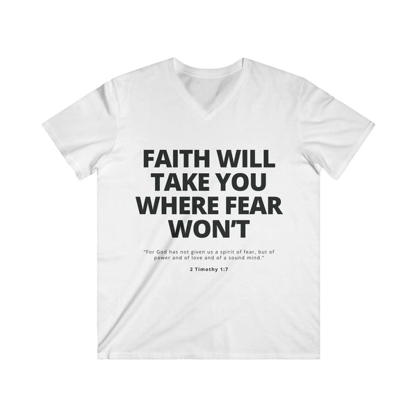 Mens Christian V-Neck T-Shirt – Faith Over Fear | 2 Timothy 1:7 - S / White - V-neck