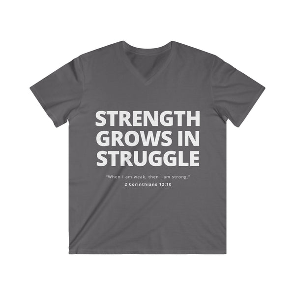 Mens Christian V-Neck T-Shirt – Strength Grows in Struggle | 2 Cor 12:10 - S / Charcoal - V-neck