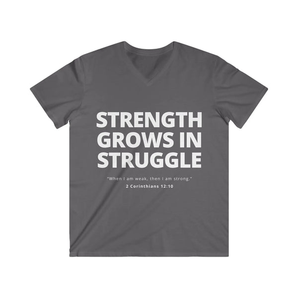 Mens Christian V-Neck T-Shirt – Strength Grows in Struggle | 2 Cor 12:10 - S / Charcoal - V-neck