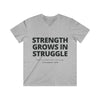 Mens Christian V-Neck T-Shirt – Strength Grows in Struggle | 2 Cor 12:10 - S / Sport Grey - V-neck