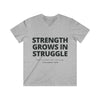Mens Christian V-Neck T-Shirt – Strength Grows in Struggle | 2 Cor 12:10 - S / Sport Grey - V-neck