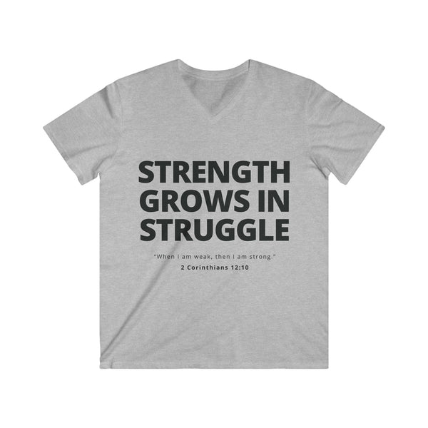 Mens Christian V-Neck T-Shirt – Strength Grows in Struggle | 2 Cor 12:10 - S / Sport Grey - V-neck