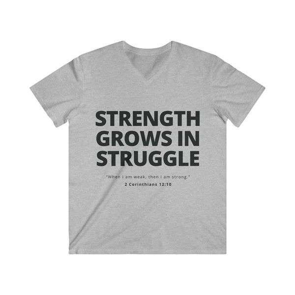 Mens Christian V-Neck T-Shirt – Strength Grows in Struggle | 2 Cor 12:10 - S / Sport Grey - V-neck