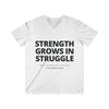 Mens Christian V-Neck T-Shirt – Strength Grows in Struggle | 2 Cor 12:10 - S / White - V-neck