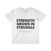 Mens Christian V-Neck T-Shirt – Strength Grows in Struggle | 2 Cor 12:10 - S / White - V-neck